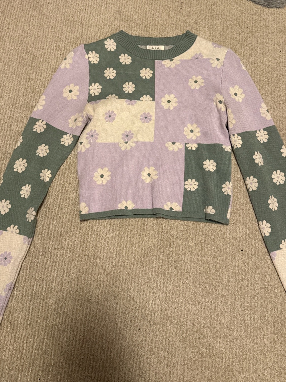 debut Patchwork Floral Crewneck Sweater in Green & Lavender